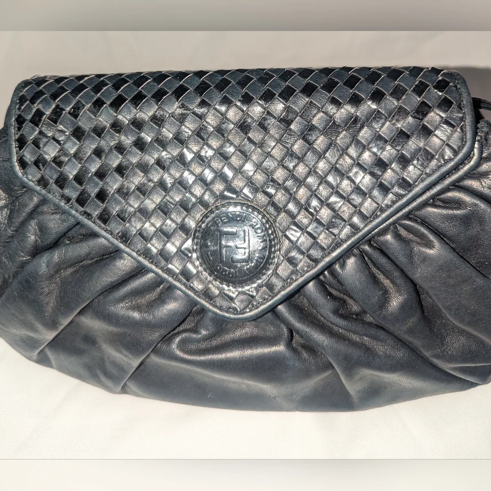 Vintage Fendi Black Woven Flap Clutch Shoulder Bag.